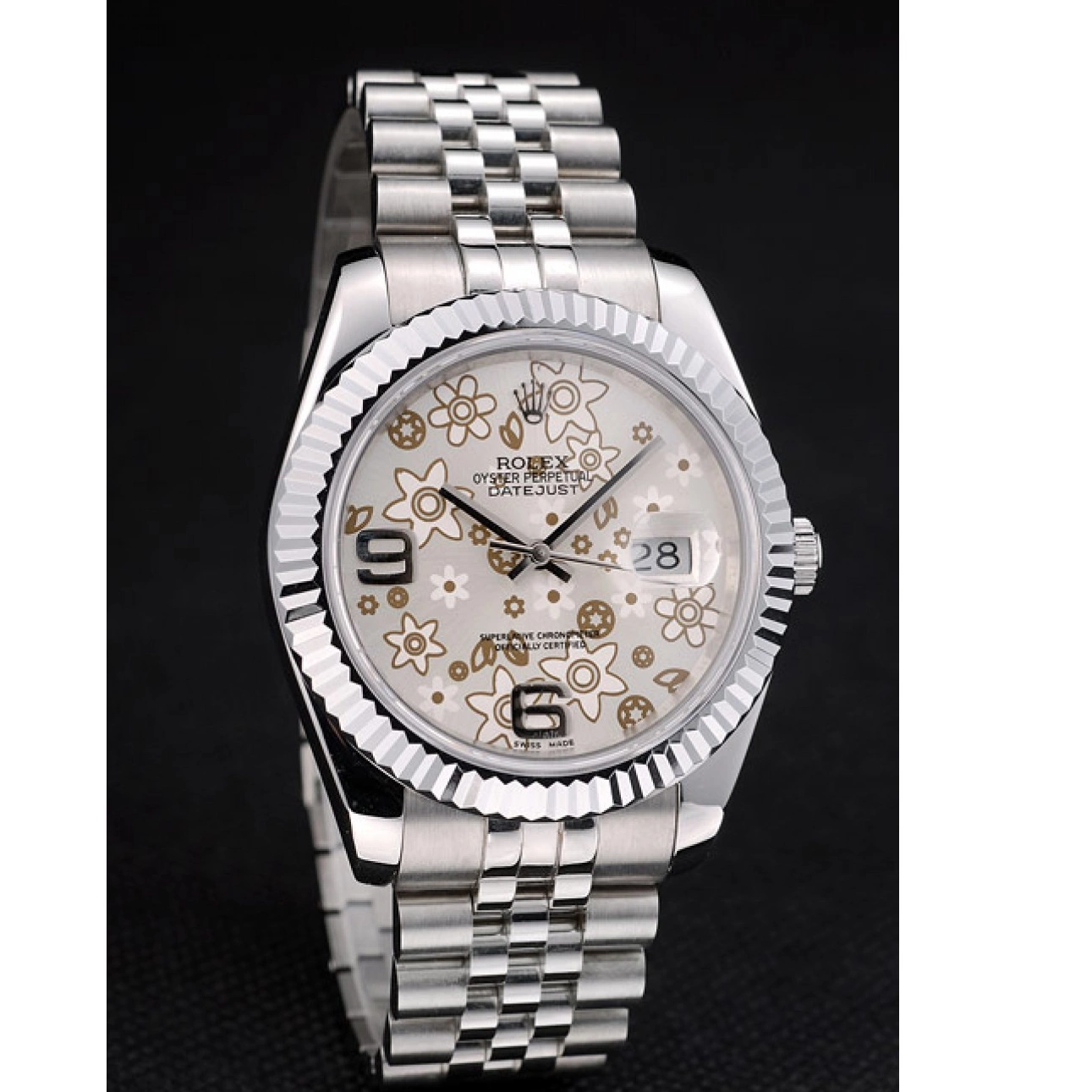 Rolex aaa copy Bezel DateJust Rolex 42001 Dial Ribbed Steel Swiss Silver Flower Stainless 0706
